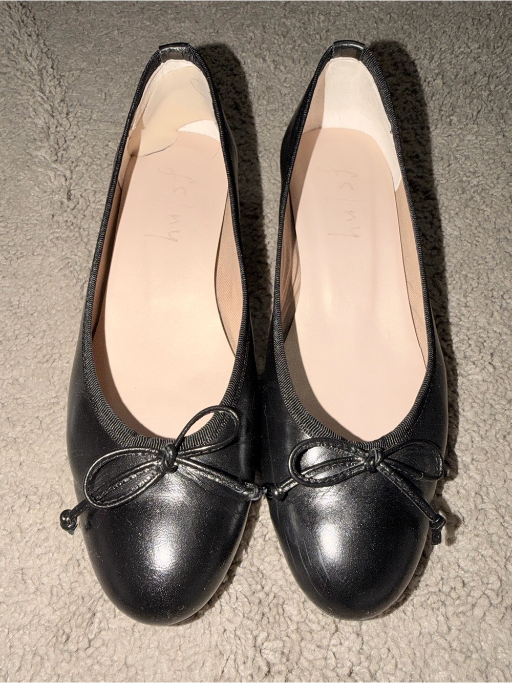 French Sole Black Leather Ballet Flats with Bow